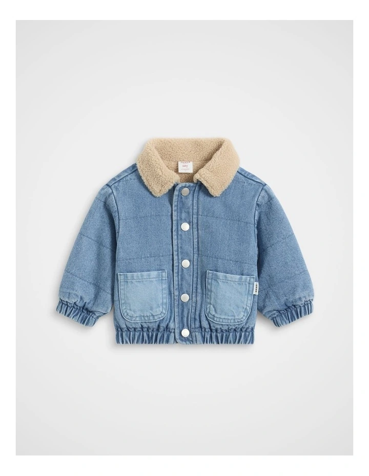 Two Tone Denim Bomber Jacket in Mid Blue image 1
