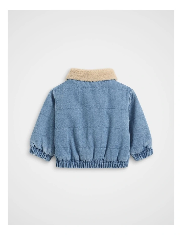 Two Tone Denim Bomber Jacket in Mid Blue image 2