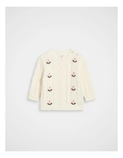 Floral Cable Knit Sweater in Classic Cream