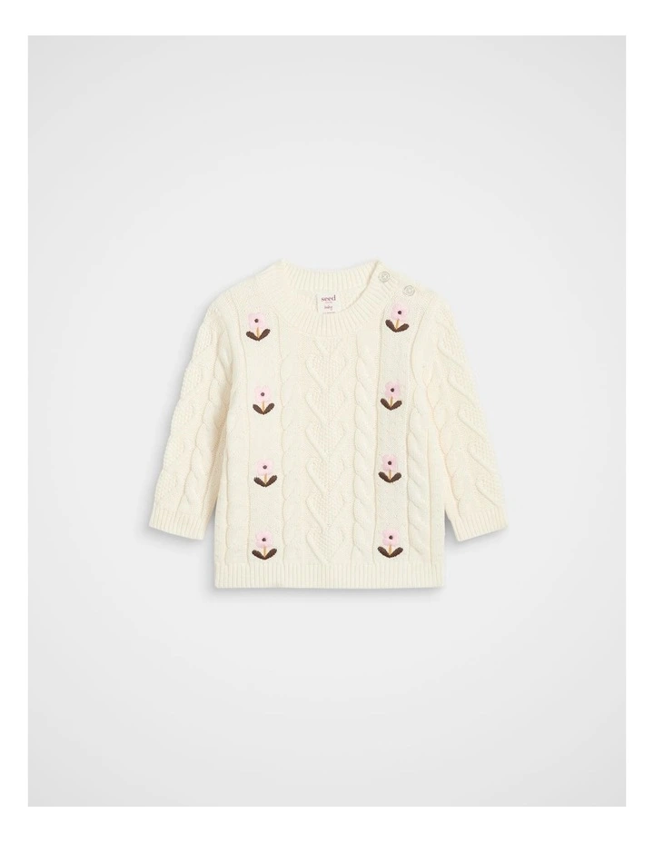 Floral Cable Knit Sweater in Classic Cream image 1
