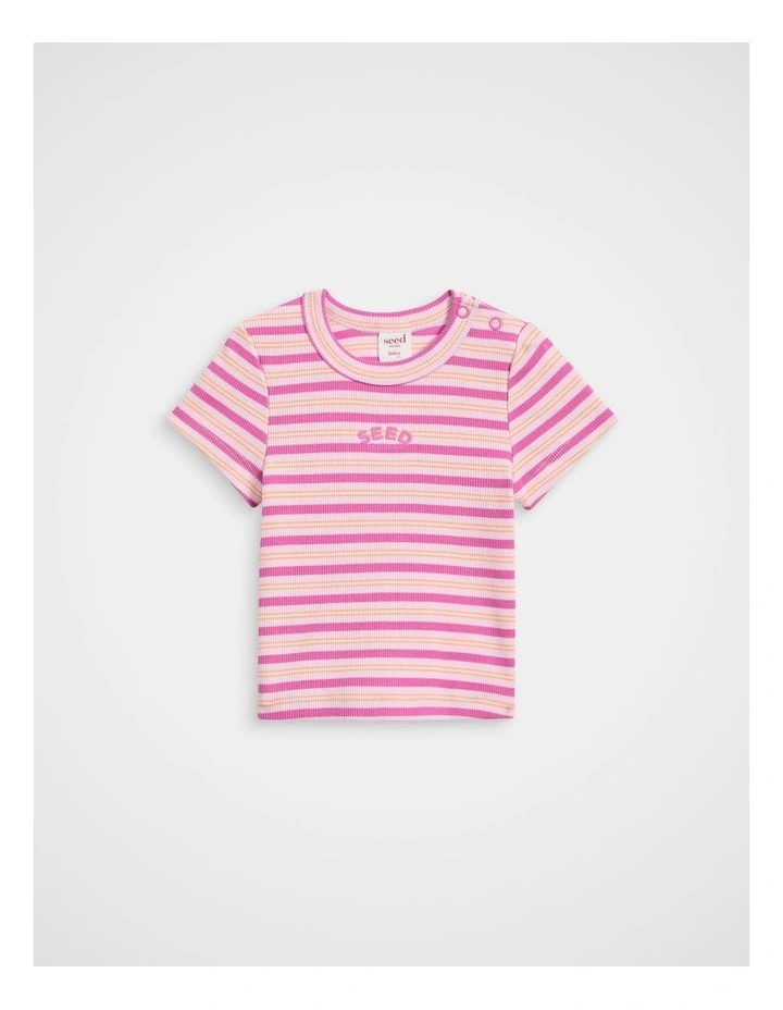 Stripe Logo Rib Tee in Berry Multi image 1