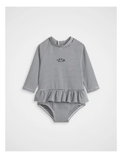 Seersucker Frill Bather in Midnight Blue Stripe