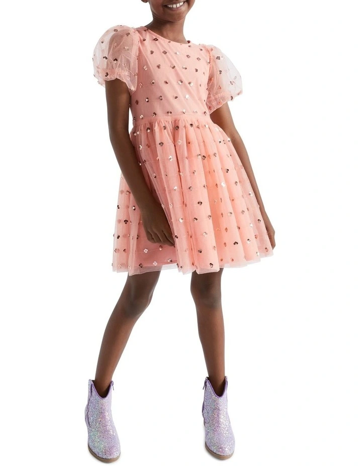 Sequin Daisy Bubble Hem Dress in Coral image 1