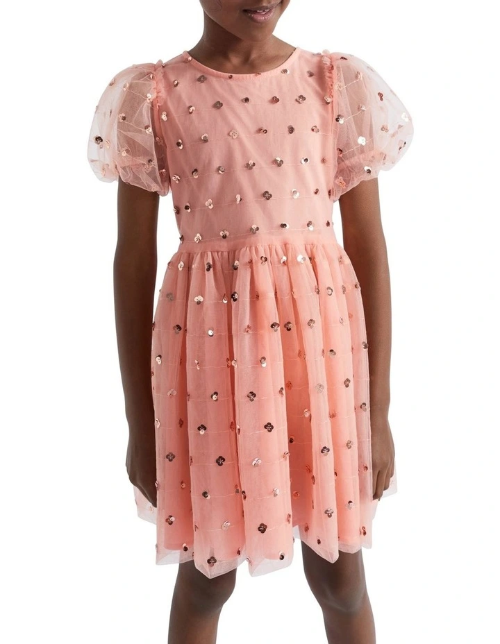 Sequin Daisy Bubble Hem Dress in Coral image 2