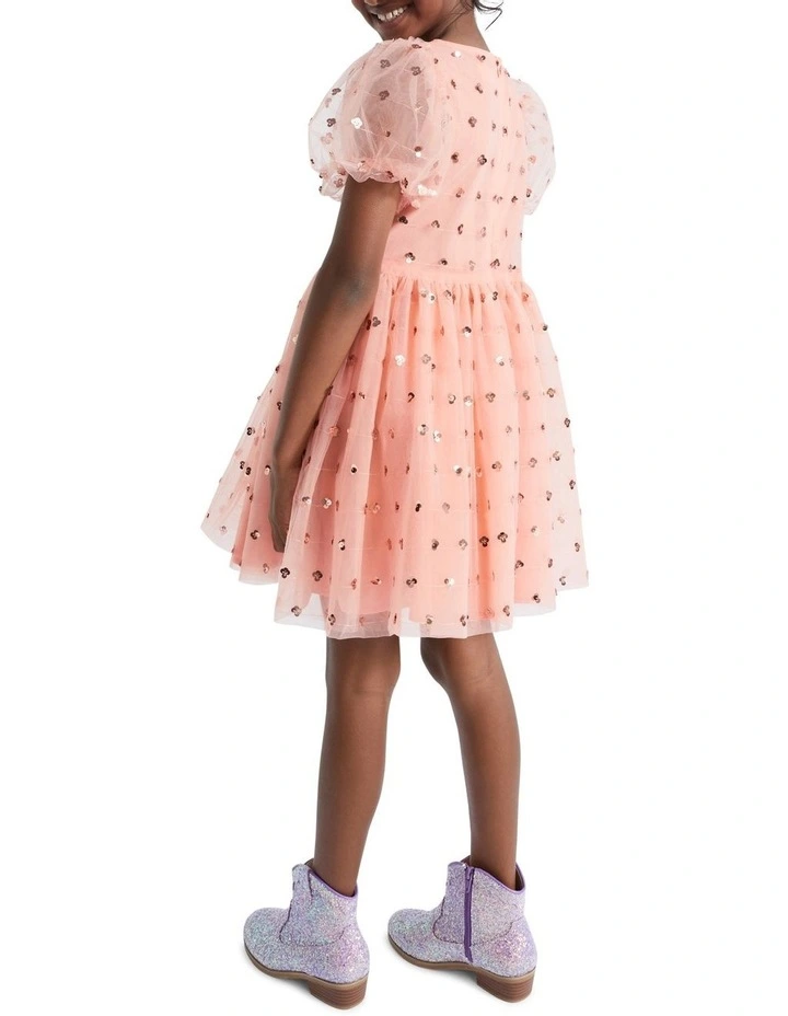 Sequin Daisy Bubble Hem Dress in Coral image 3