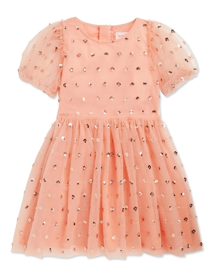 Sequin Daisy Bubble Hem Dress in Coral image 4