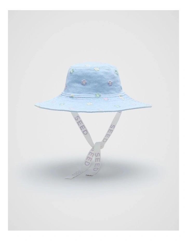 Wide Brim Embroidered Hat in Powder Blue Wash image 1