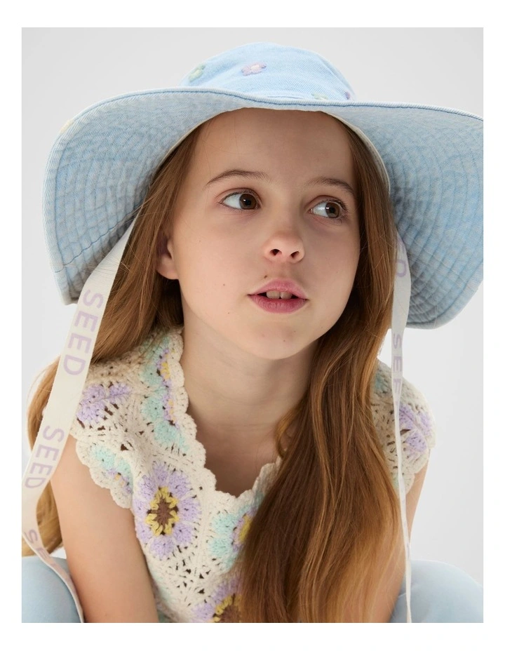 Wide Brim Embroidered Hat in Powder Blue Wash image 2