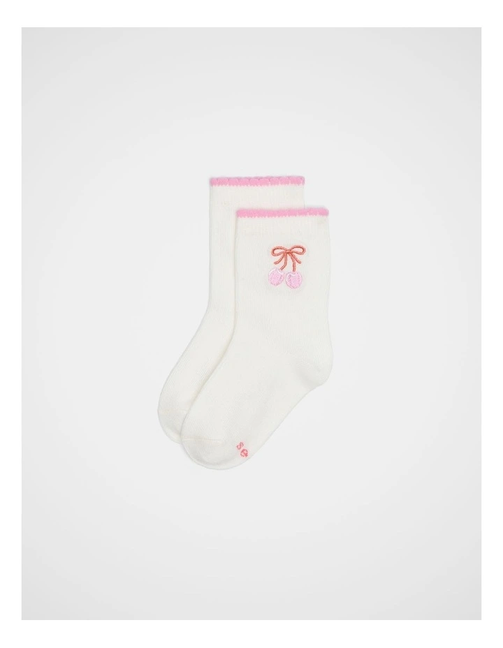 Cherry Bow Embroidered Sock in Vanilla image 1