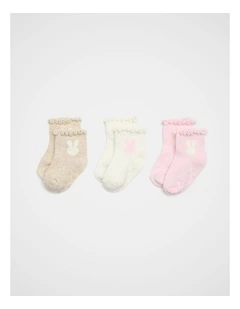 Bunny Embroidery Sock 3 Pack in Pink Multi