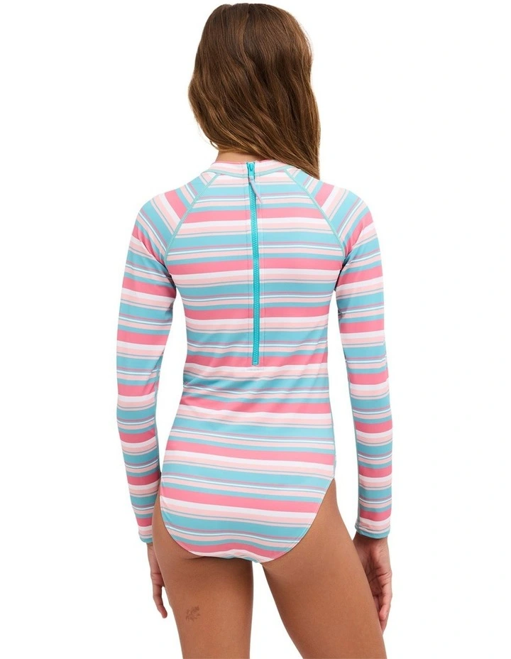 Girls 8-16 Forest Stripe Long Sleeve One Piece Rashguard In Multi image 2