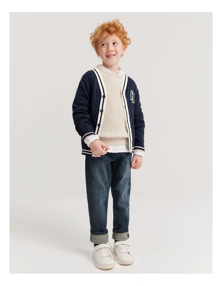 Cotton Varsity Cardigan in Navy image 1