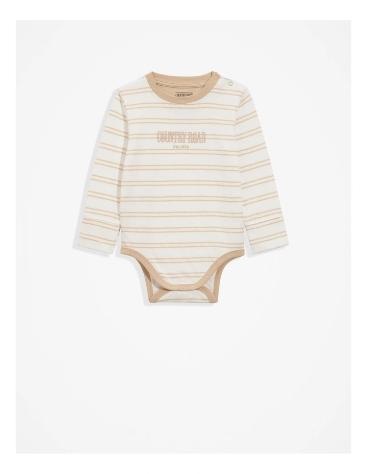 Organically Grown Cotton Heritage Long Sleeve Bodysuit in Latte Stripe image 1