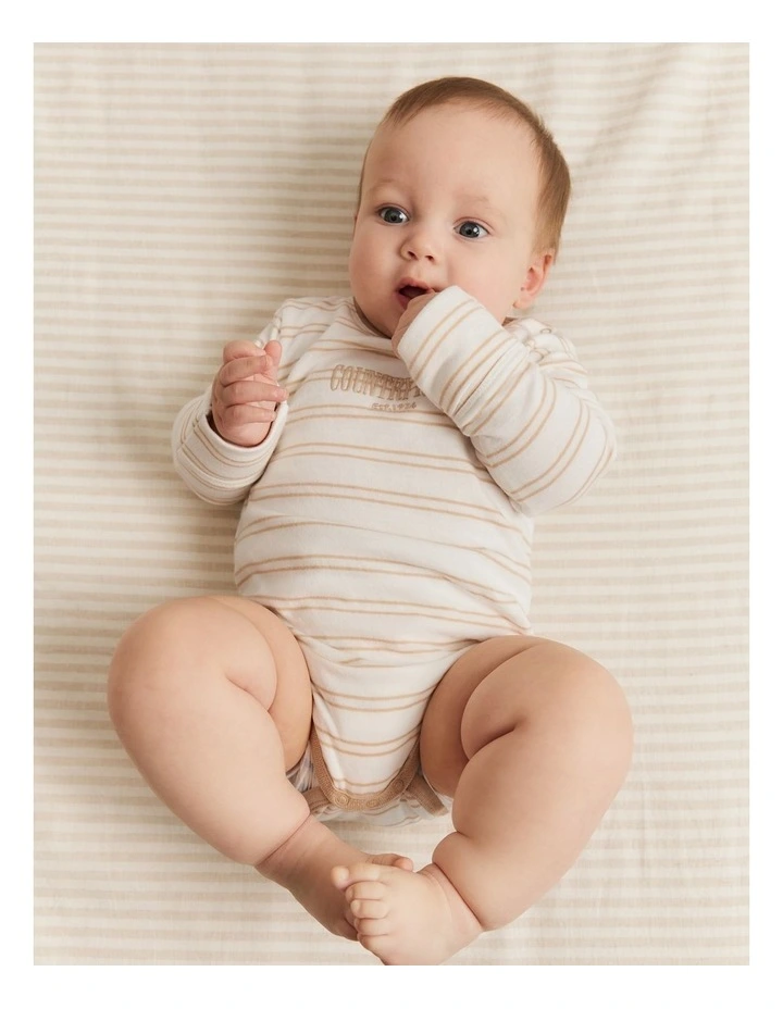 Organically Grown Cotton Heritage Long Sleeve Bodysuit in Latte Stripe image 3
