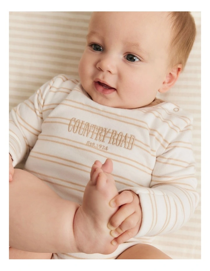 Organically Grown Cotton Heritage Long Sleeve Bodysuit in Latte Stripe image 4