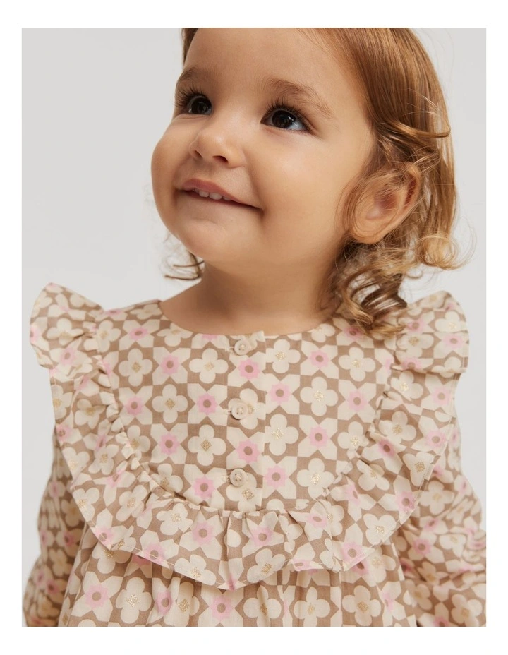 Cotton Puff Sleeve Dress in Mushroom Geo image 3