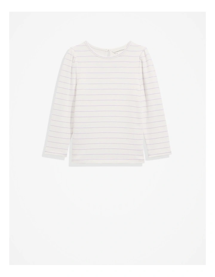 Recycled Polyester Blend Gathered Long Sleeve T-shirt in Lilac Stripe image 1