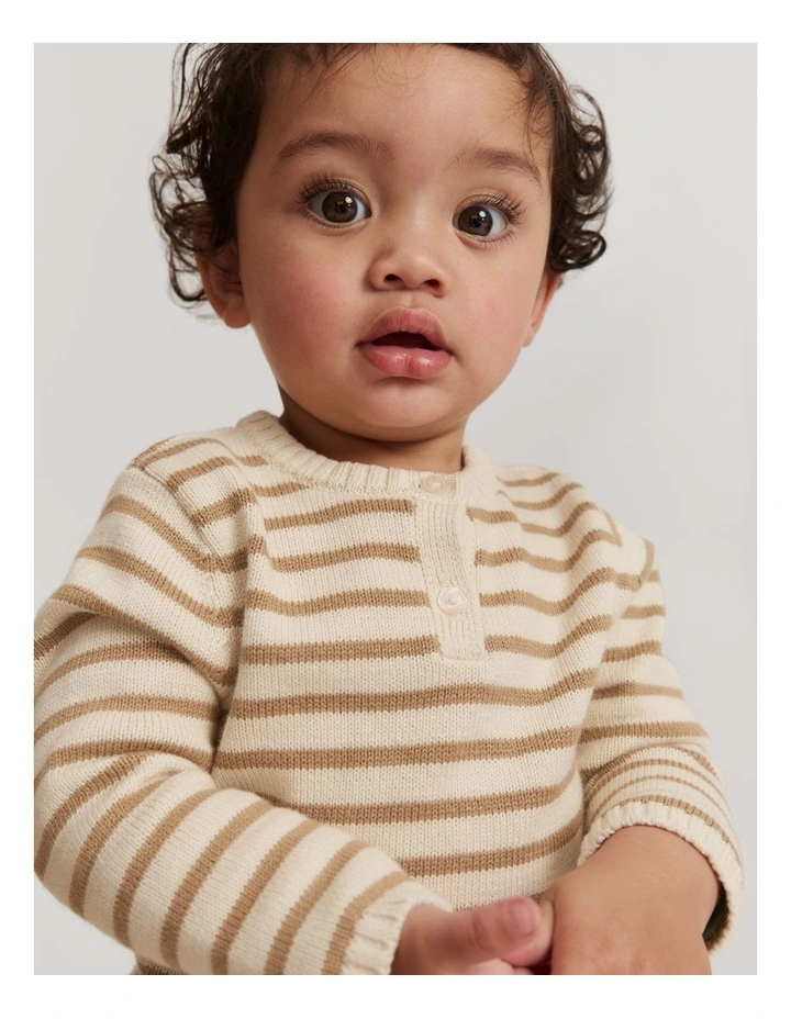 Henley Knit Sweater in Camel Stripe image 2
