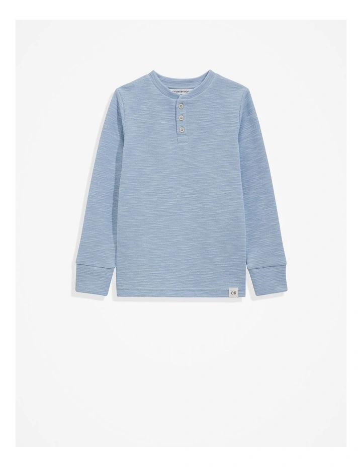 Blend Slub Texture Henley Sweat Top in Washed Blue image 1