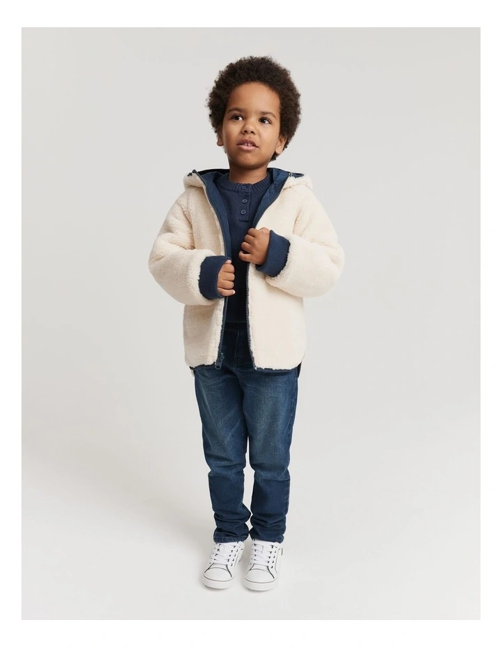 Recycled Polyester Reversible Sherpa Jacket in Navy image 2