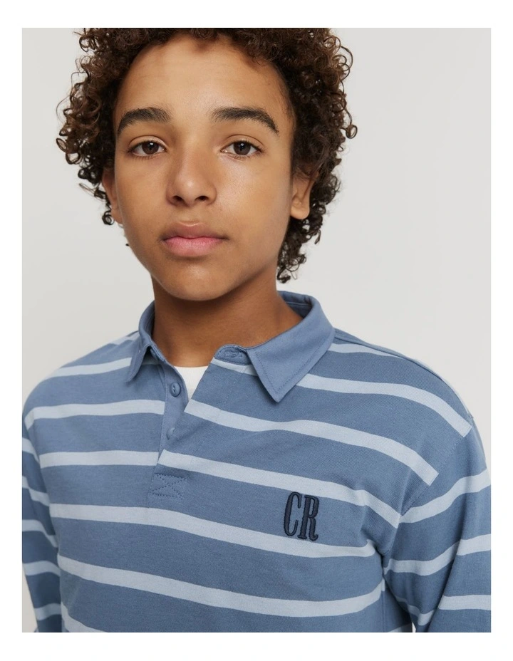 Teen Recycled Cotton Blend Stripe Rugby Top in Washed Blue image 2
