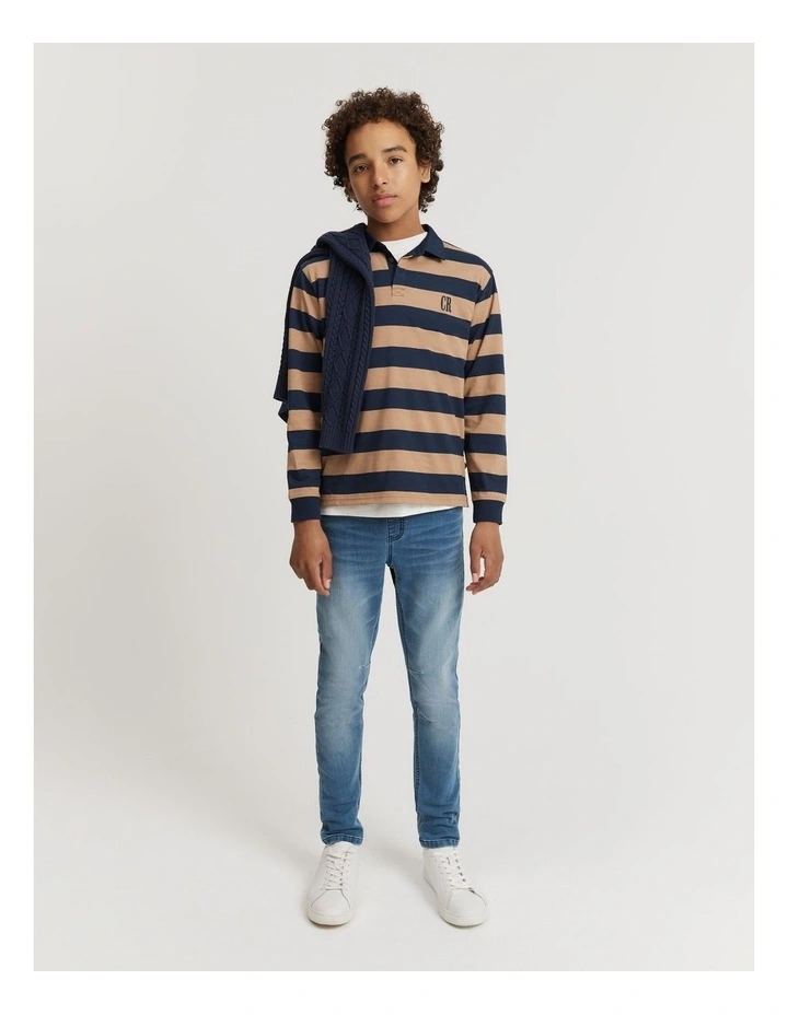 Teen Recycled Cotton Blend Block Stripe Rugby Top in Navy image 1