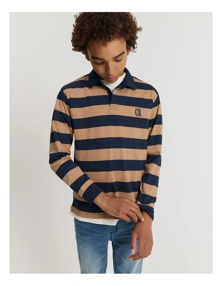 Teen Recycled Cotton Blend Block Stripe Rugby Top in Navy image 2