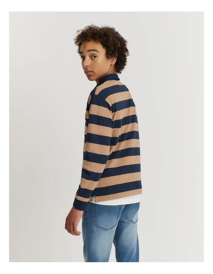 Teen Recycled Cotton Blend Block Stripe Rugby Top in Navy image 4