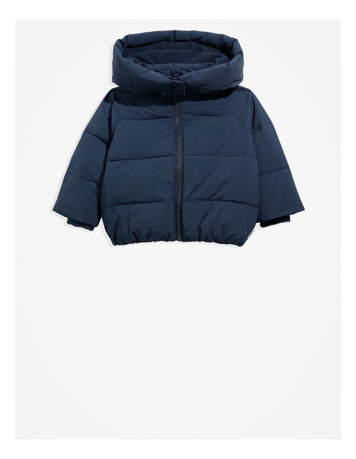 Recycled Polyester Logo Puffer Jacket in Navy