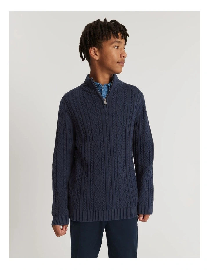Teen Organically Grown Cotton Cable Half Zip Knit in Navy image 2