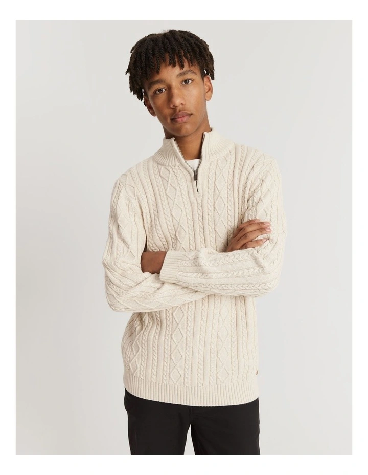 Teen Cotton Cable Half Zip Knit in Oatmeal Marle image 1