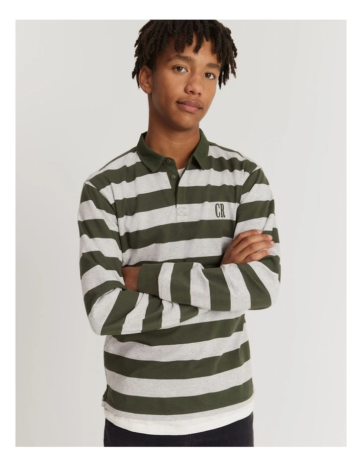 Teen Cotton Blend Block Stripe Rugby in Khaki Green image 1