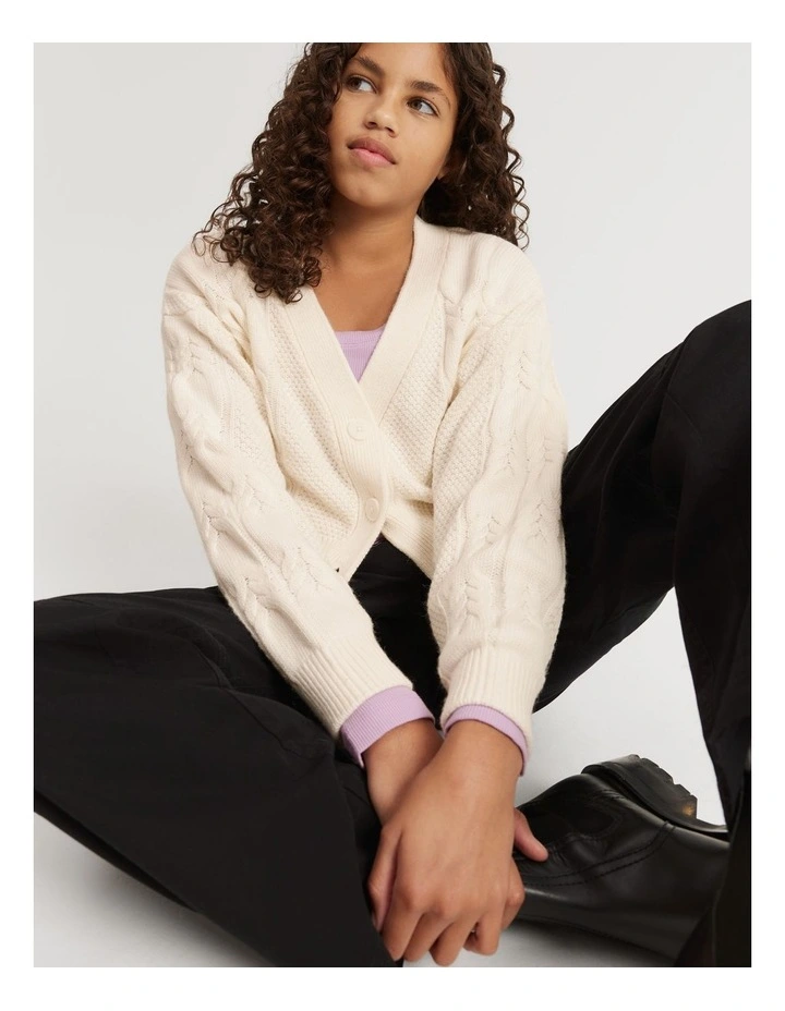 Teen Cropped Cable Cardigan in Marshmallow image 1