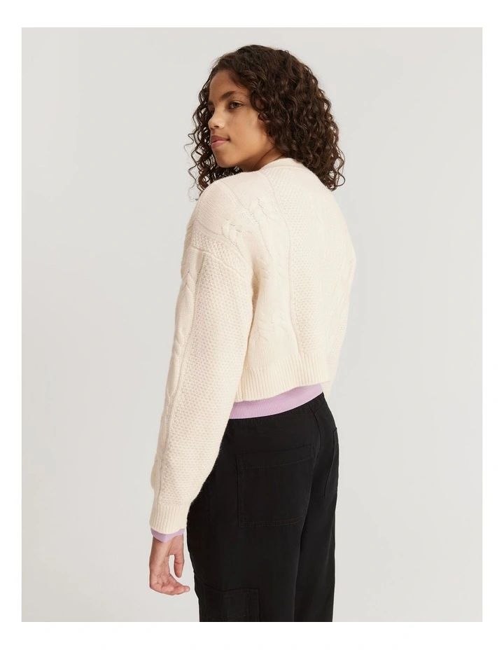 Teen Cropped Cable Cardigan in Marshmallow image 3