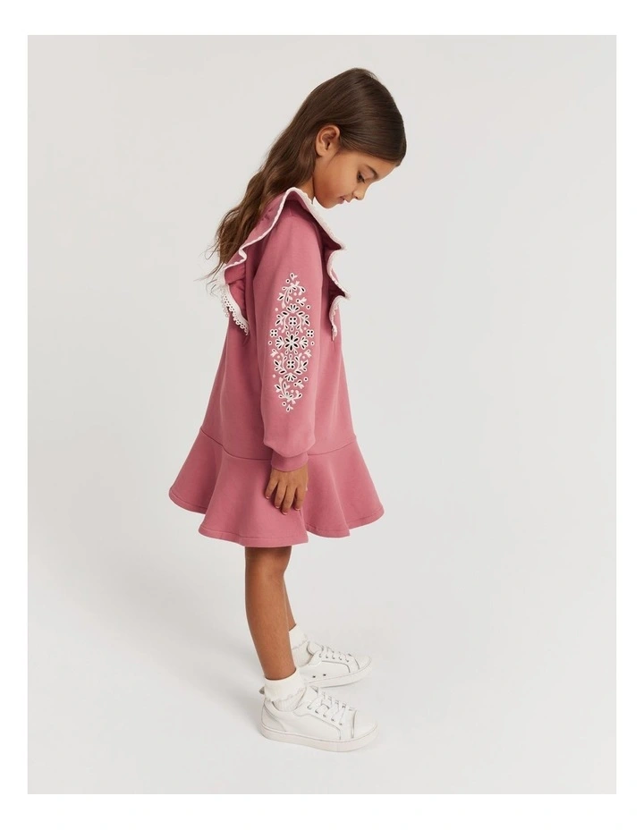 Organically Grown Cotton Embroidered Sweat Dress in Deep Rose image 1