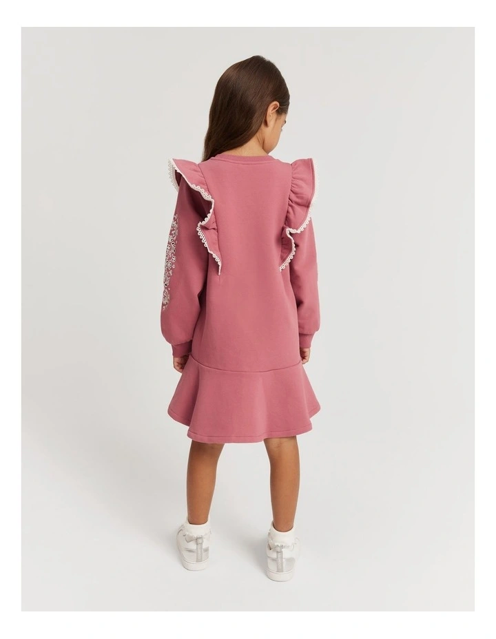 Organically Grown Cotton Embroidered Sweat Dress in Deep Rose image 3