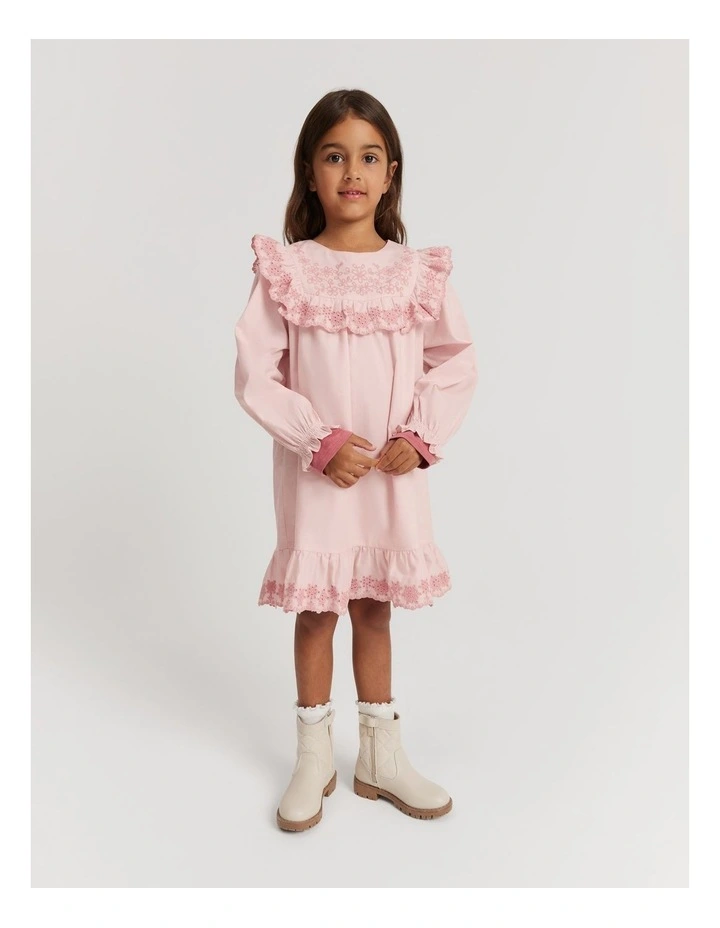 Cotton Embroidered Frill Dress in Mineral Pink image 1