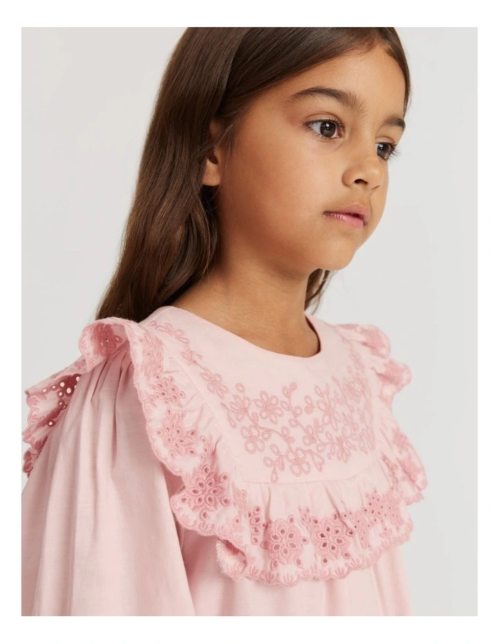 Cotton Embroidered Frill Dress in Mineral Pink image 2