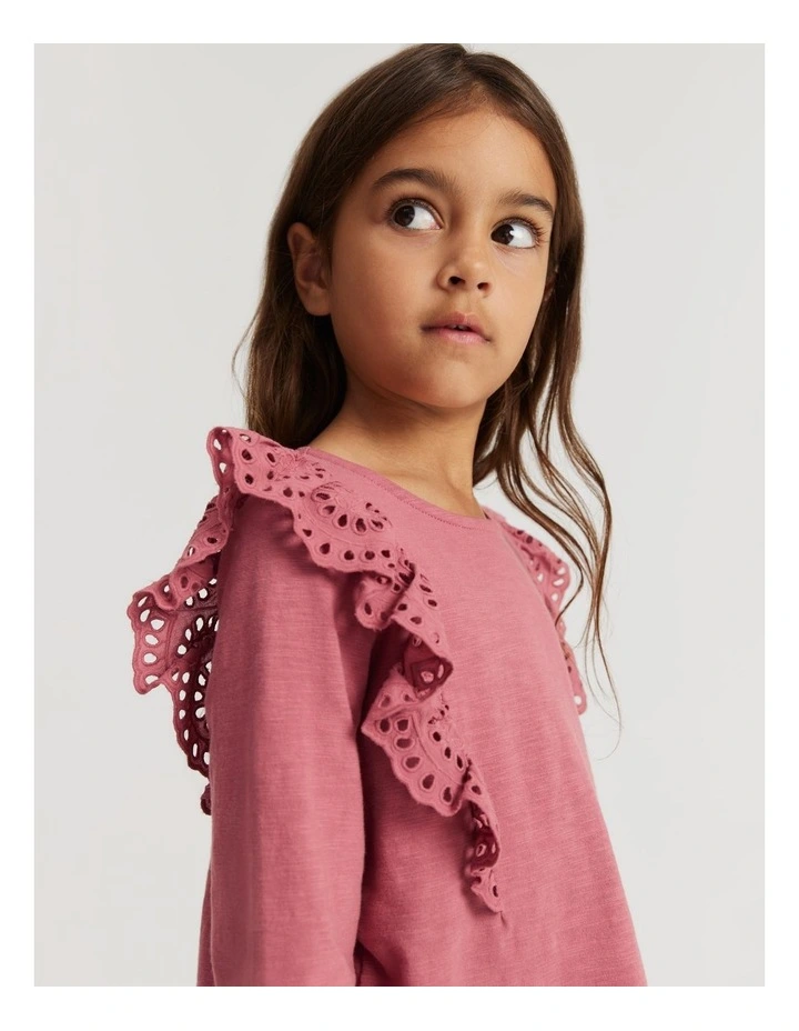 Organically Grown Cotton Broderie Frill T-shirt in Deep Rose image 1