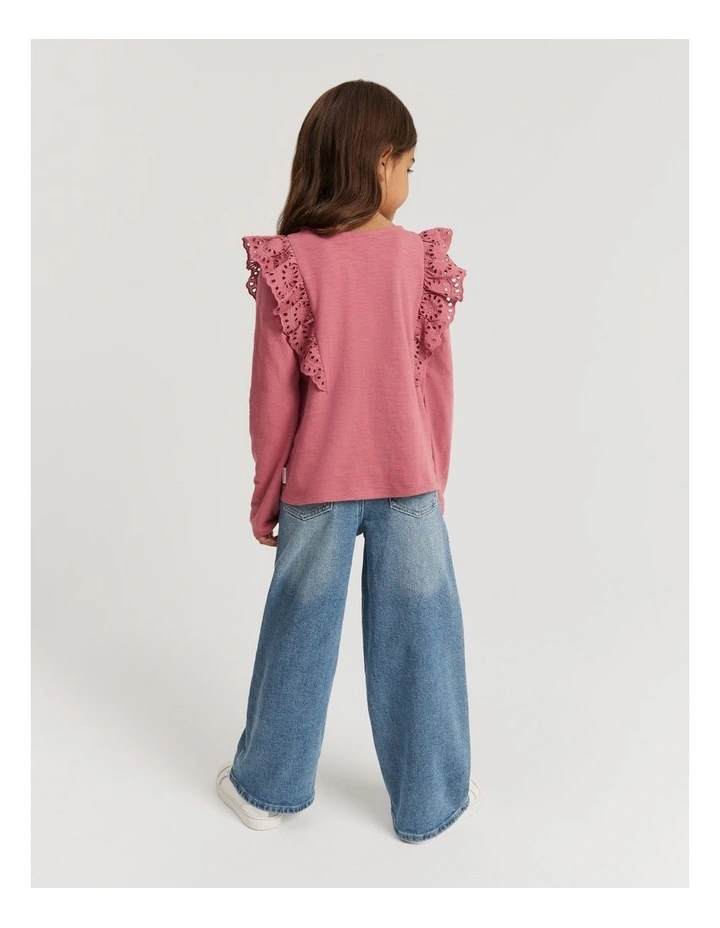 Organically Grown Cotton Broderie Frill T-shirt in Deep Rose image 3