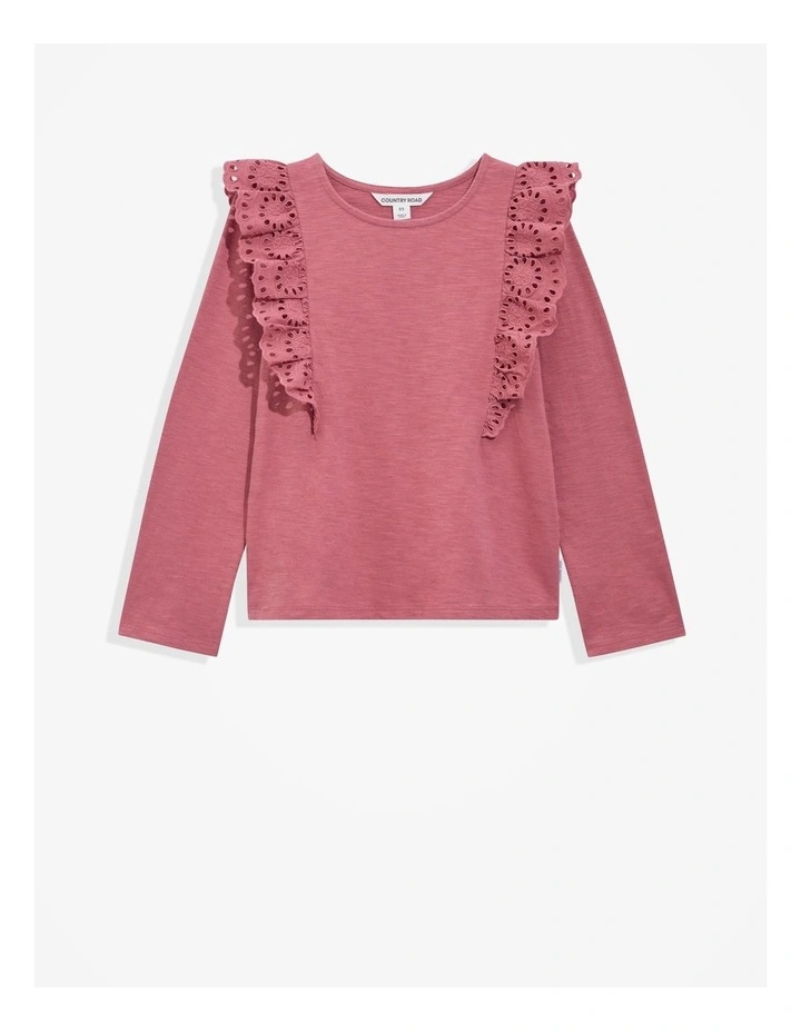 Organically Grown Cotton Broderie Frill T-shirt in Deep Rose image 4