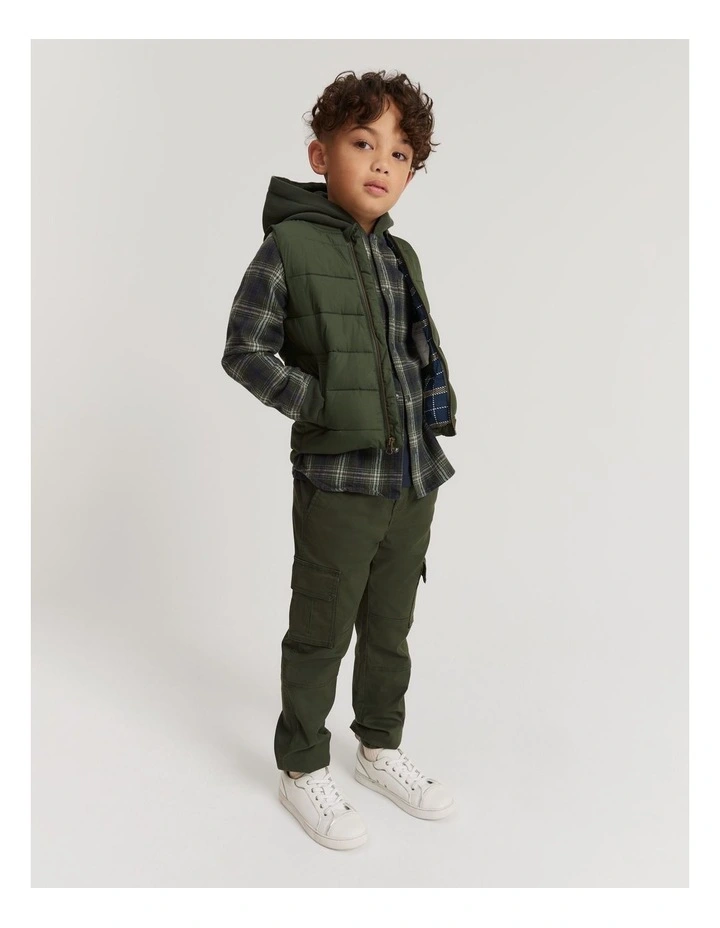 Cotton Check Hooded Shirt in Khaki Green image 1