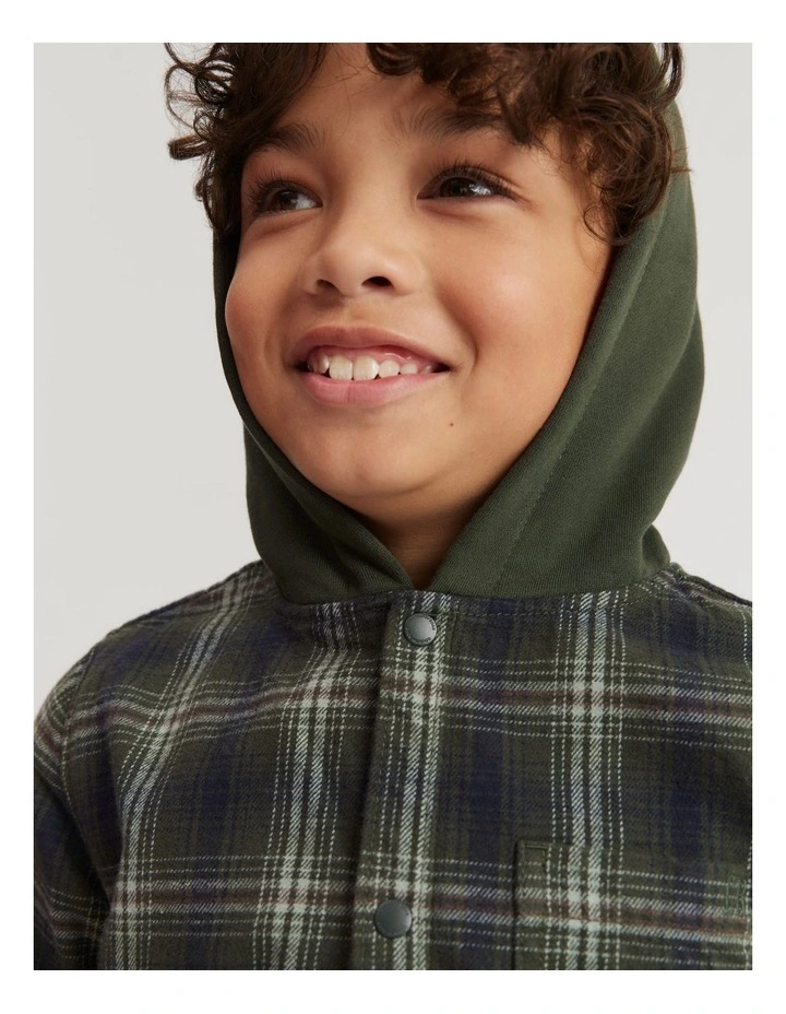 Cotton Check Hooded Shirt in Khaki Green image 2