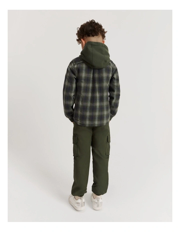 Cotton Check Hooded Shirt in Khaki Green image 3
