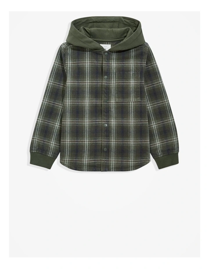 Cotton Check Hooded Shirt in Khaki Green image 4