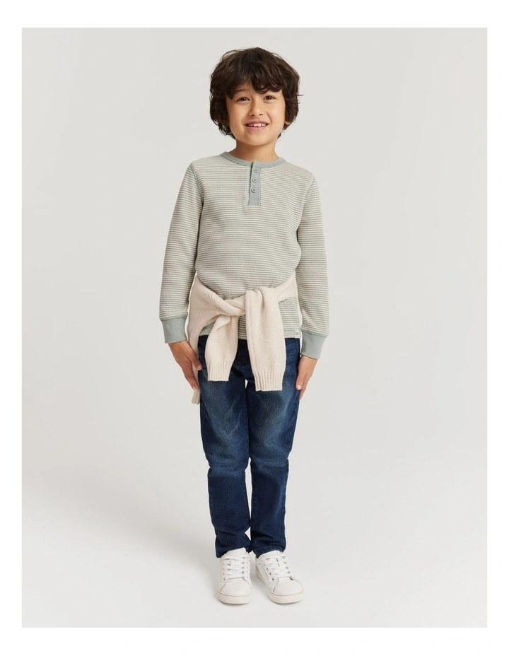 Organically Grown Cotton Stripe Waffle Henley in Fern image 1