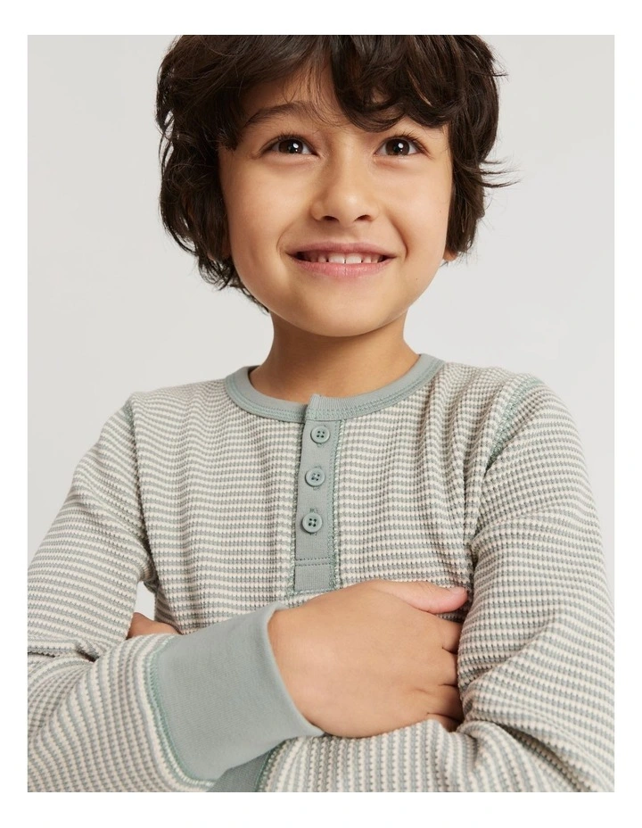 Organically Grown Cotton Stripe Waffle Henley in Fern image 2