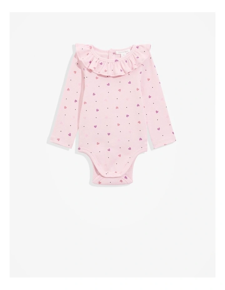 Cotton Frill Rib Long Sleeve Bodysuit in Multi Heart image 1
