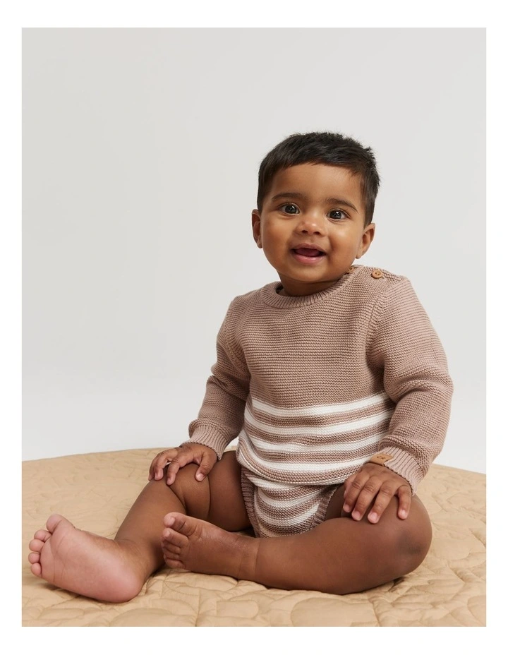 Organically Grown Cotton Stripe Knit Long Sleeve Bodysuit in Mushroom image 1