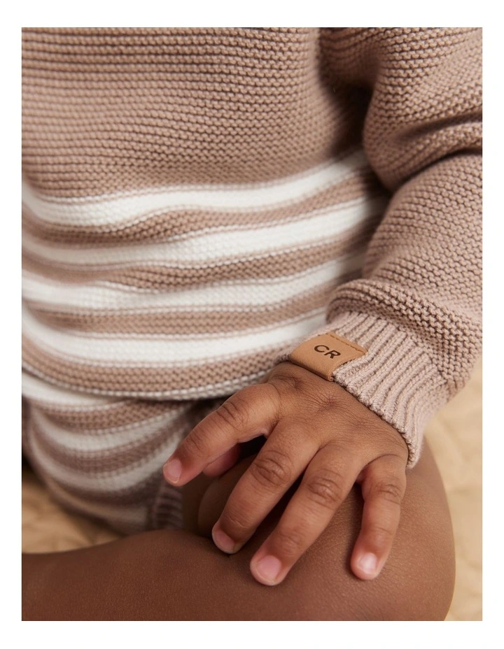 Organically Grown Cotton Stripe Knit Long Sleeve Bodysuit in Mushroom image 2